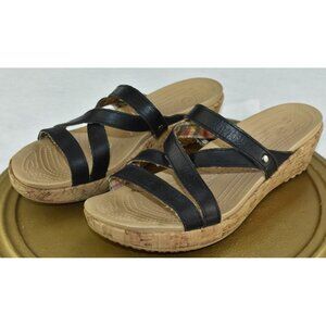 Crocs A- Leigh Women Sandals Size 8 Cork Wedge Strappy Black Leather